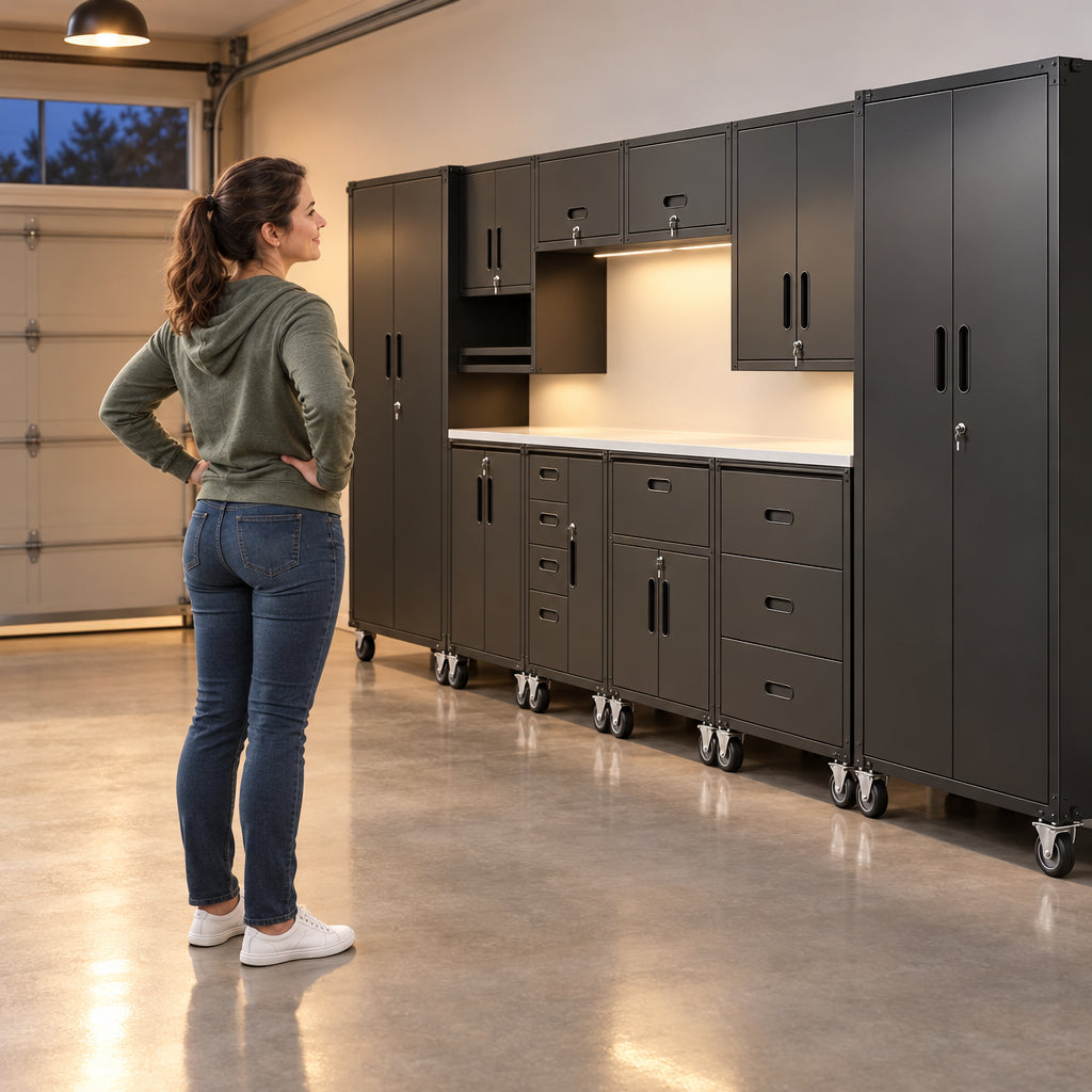 10-Piece Heavy Duty Steel Garage, woman stands in the middle of the garage, hands on hips, looking along the cabinet wall