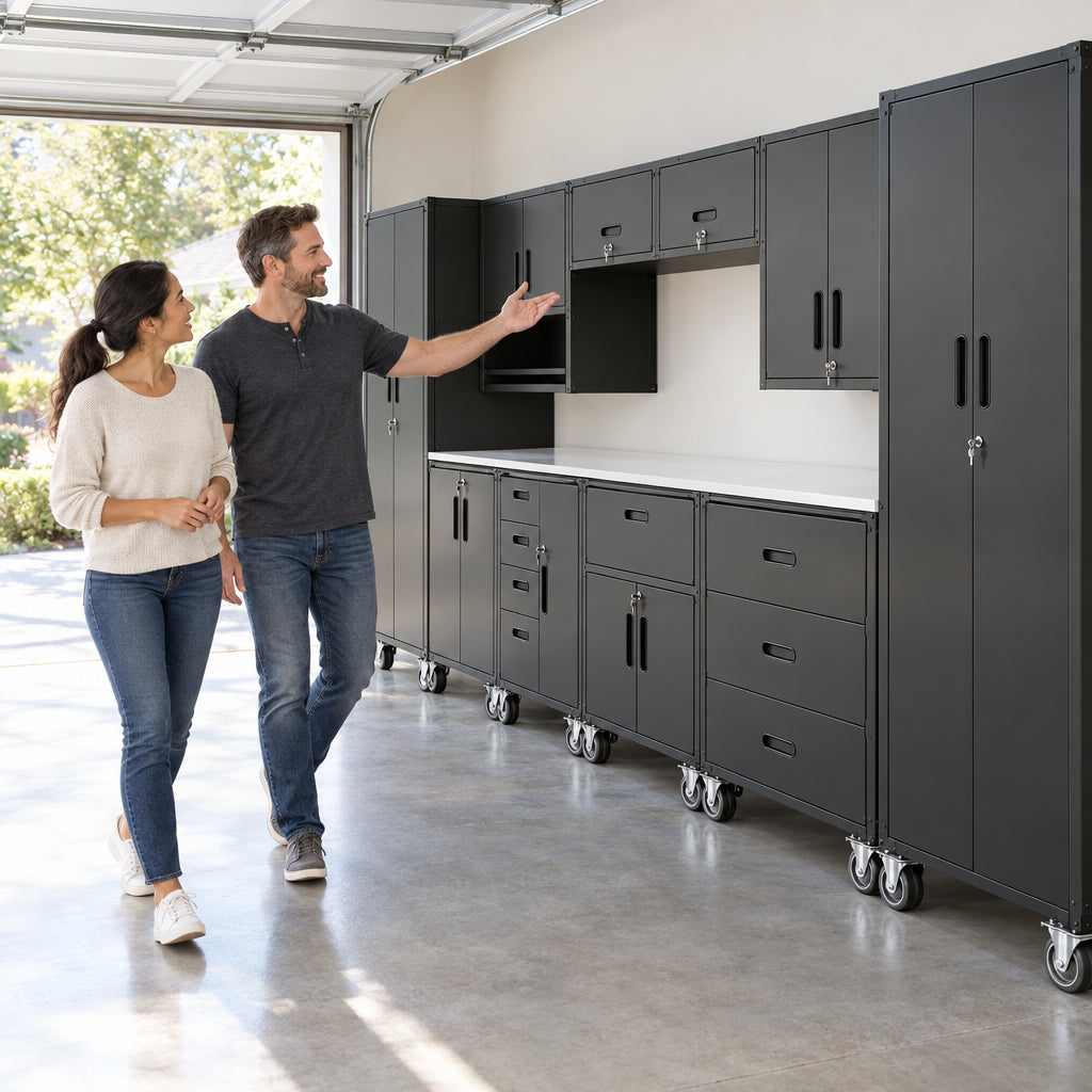 10-Piece Heavy Duty Steel Garage, a man and woman walk slowly along the cabinet wall together, talking
