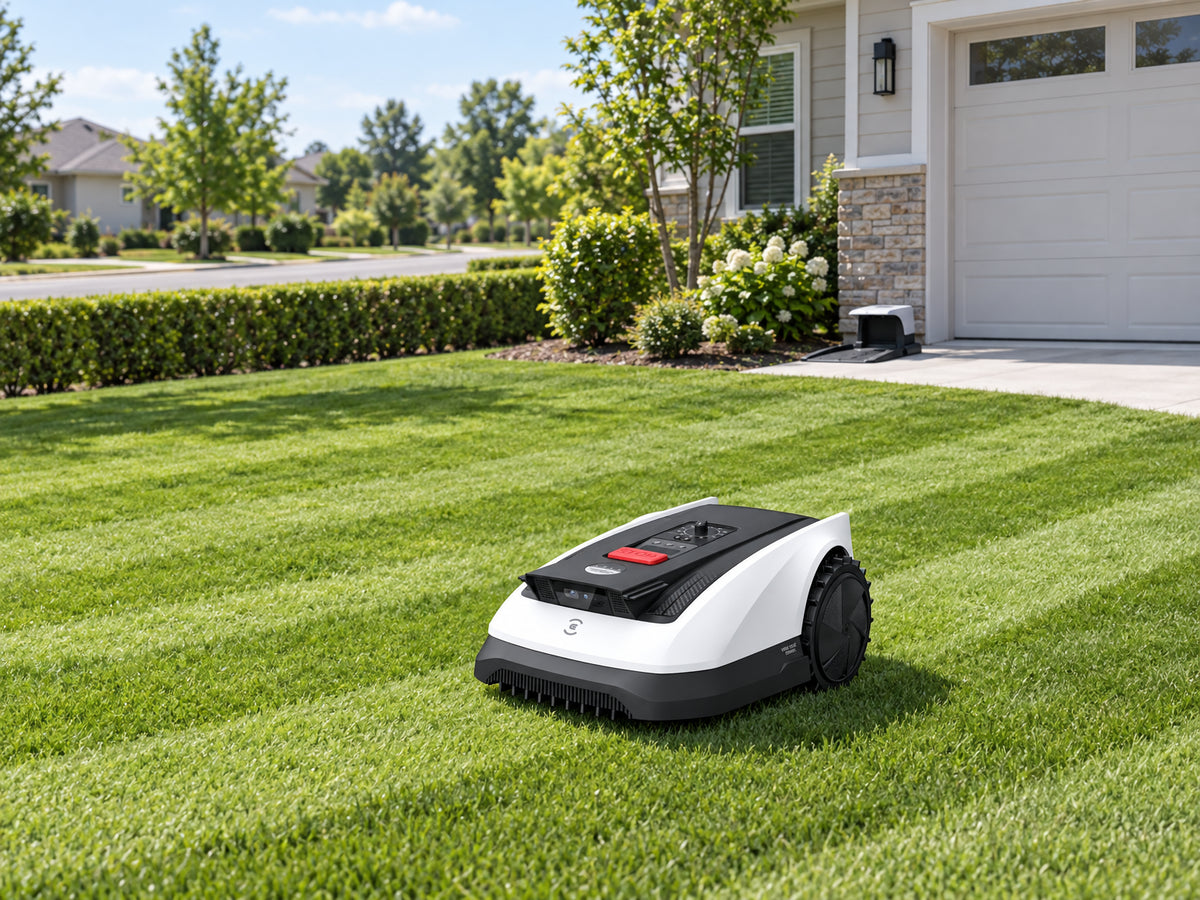 Ecovacs Goat O1000 RTK Robot, moving across a freshly striped lawn with no person in sight, dock visible in background