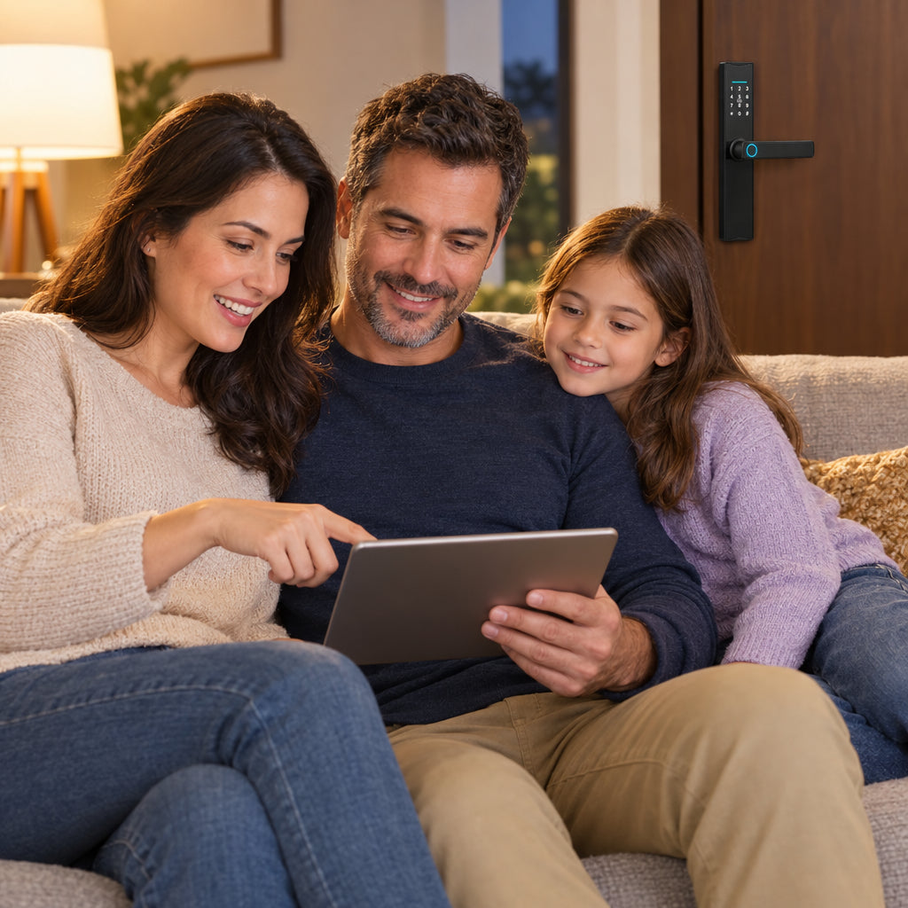Laiye Biometric Fingerprint Smart Door, couple sitting together on a sofa, one pointing at a tablet held between them