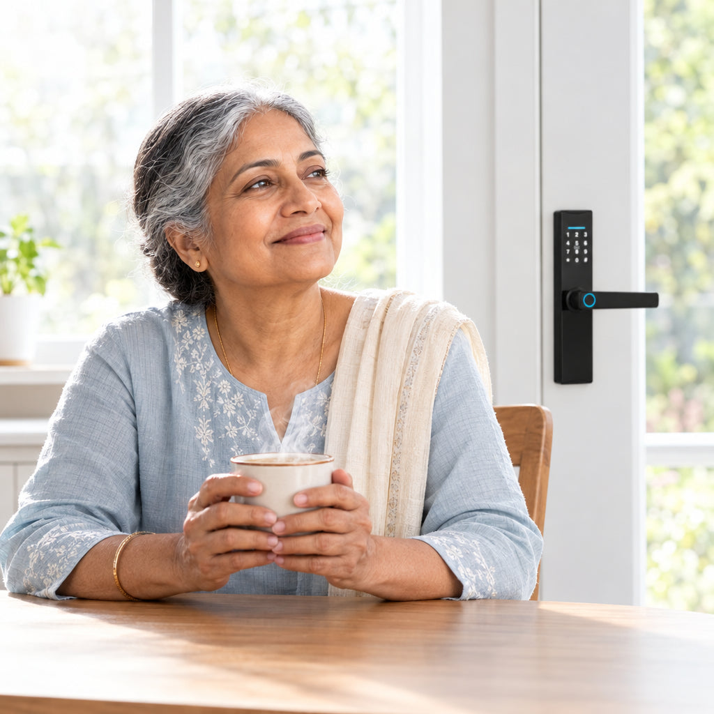 Laiye Biometric Fingerprint Smart Door, sitting at a kitchen table, hands wrapped around a mug of tea