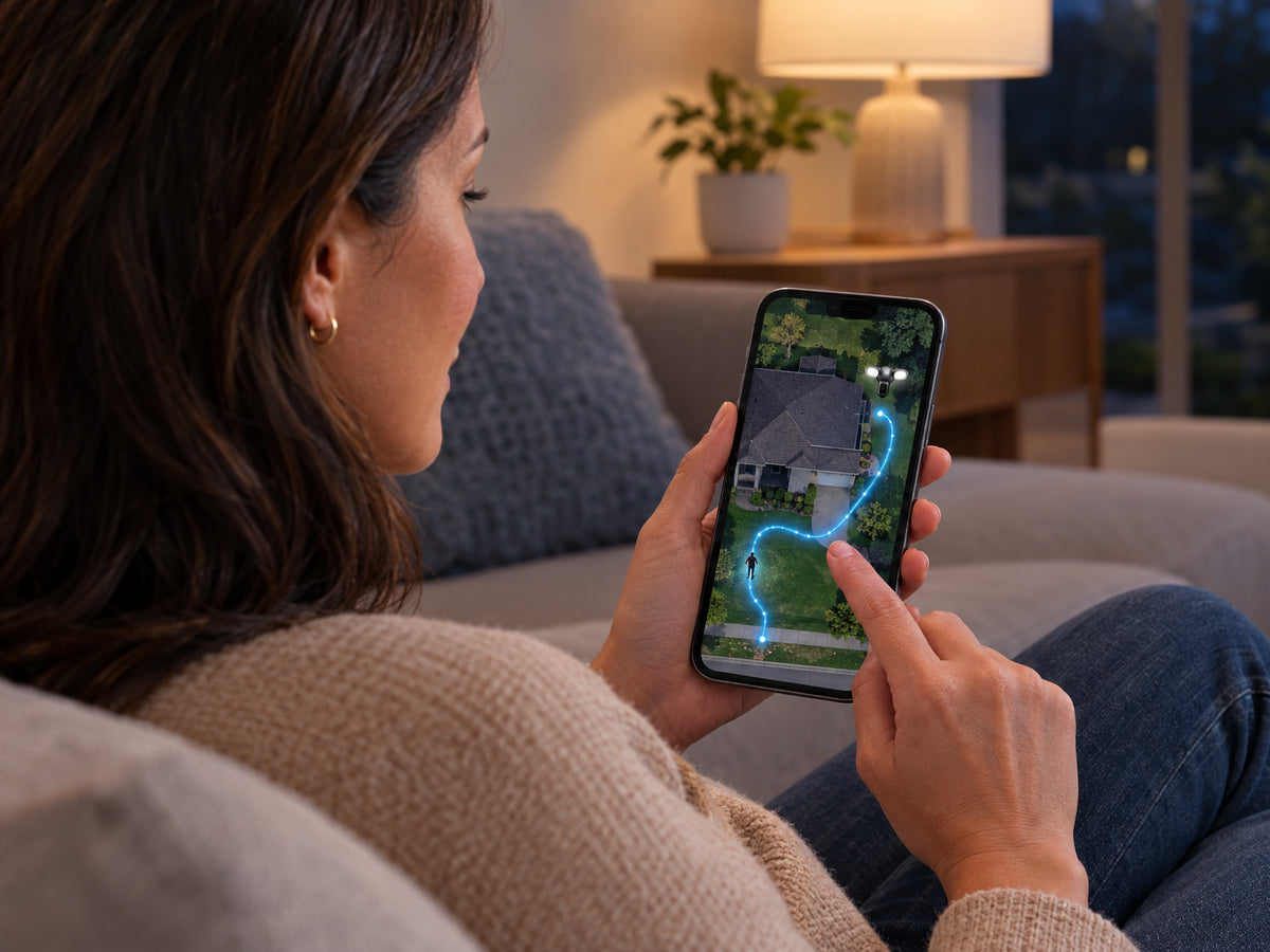 Ring Floodlight Cam Pro Wired, woman tracing a glowing arc path on a phone screen showing an overhead map of her property