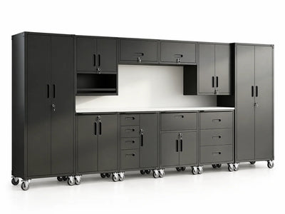 Steel Garage Cabinet System Designed for Workshop Organization, 10-Piece Modular Set, Lockable Doors, Rolling Workbench