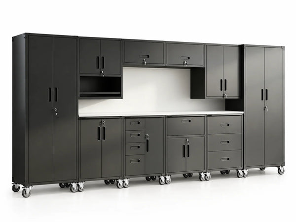 10-Piece Heavy Duty Steel Garage Cabinet System | All-In-One Modular Garage Cabinet Set for Ultimate Workshop Organization | Easy Assembly Garage Storage Cabinets & Tool Bench (Black) — Studio Shot