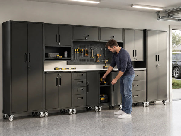 Steel Garage Cabinet System Designed for Workshop Organization, 10-Piece Modular Set, Lockable Doors, Rolling Workbench