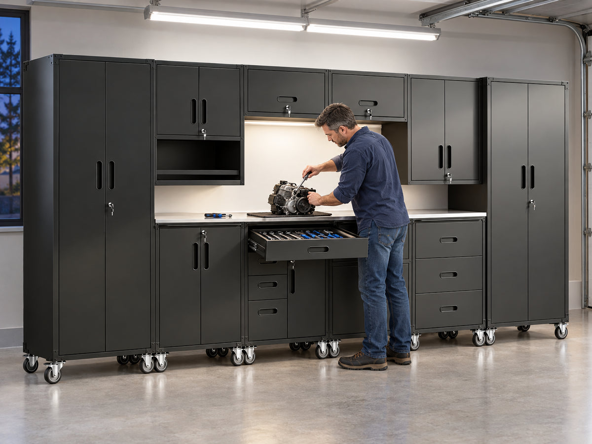 10-Piece Heavy Duty Steel Garage, man uses a hand tool on a small engine part resting on the workbench surface