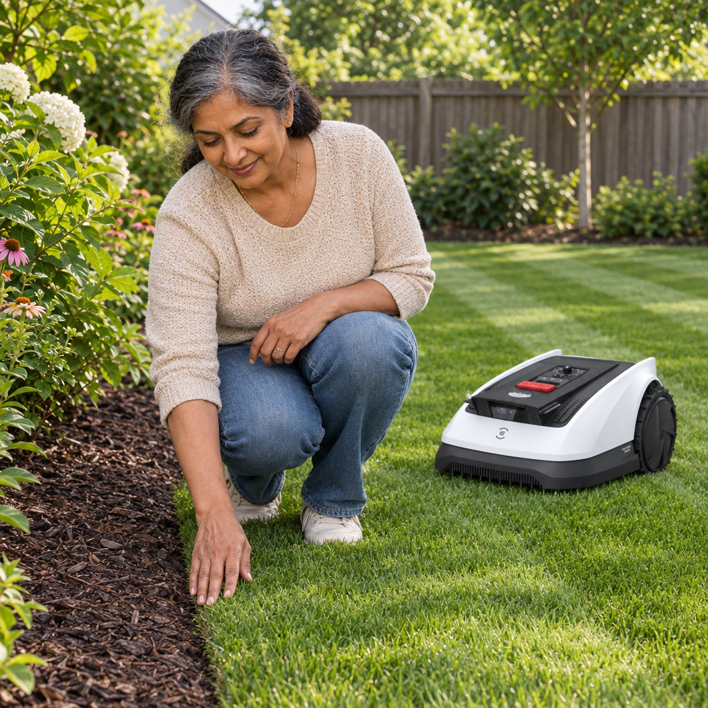 Ecovacs Goat O1000 RTK Robot, crouching at the lawn border near a garden bed, running a hand along the clean-cut grass edge