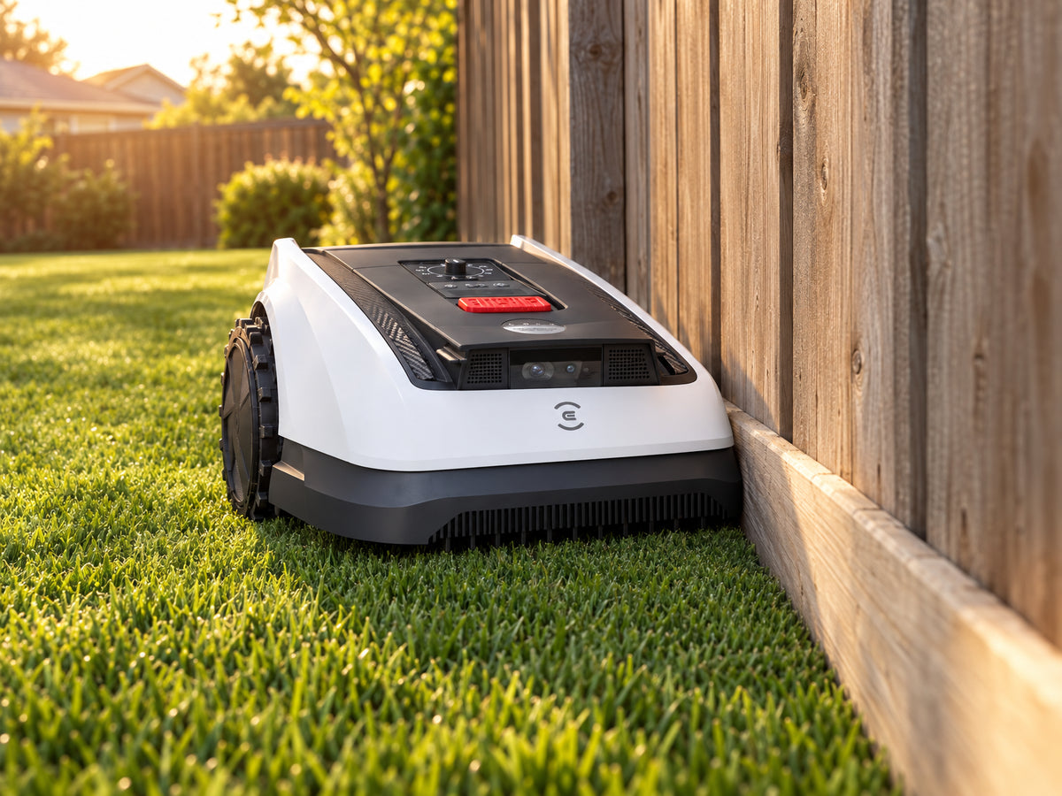 Ecovacs Goat O1000 RTK Robot, cutting grass flush to the bottom rail of a wooden fence with no visible uncut fringe