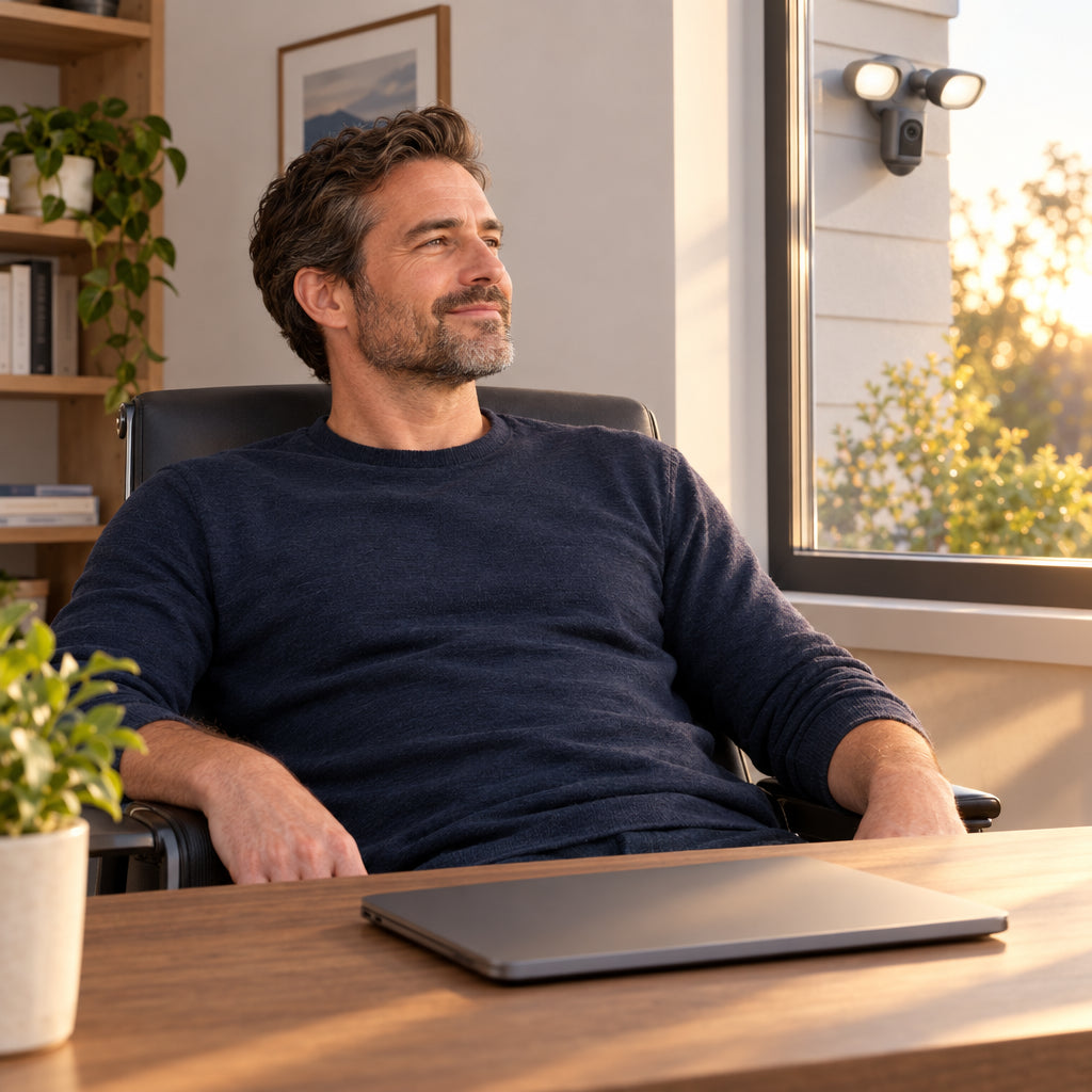 Ring Floodlight Cam Pro Wired, sitting back in a home-office chair with arms relaxed